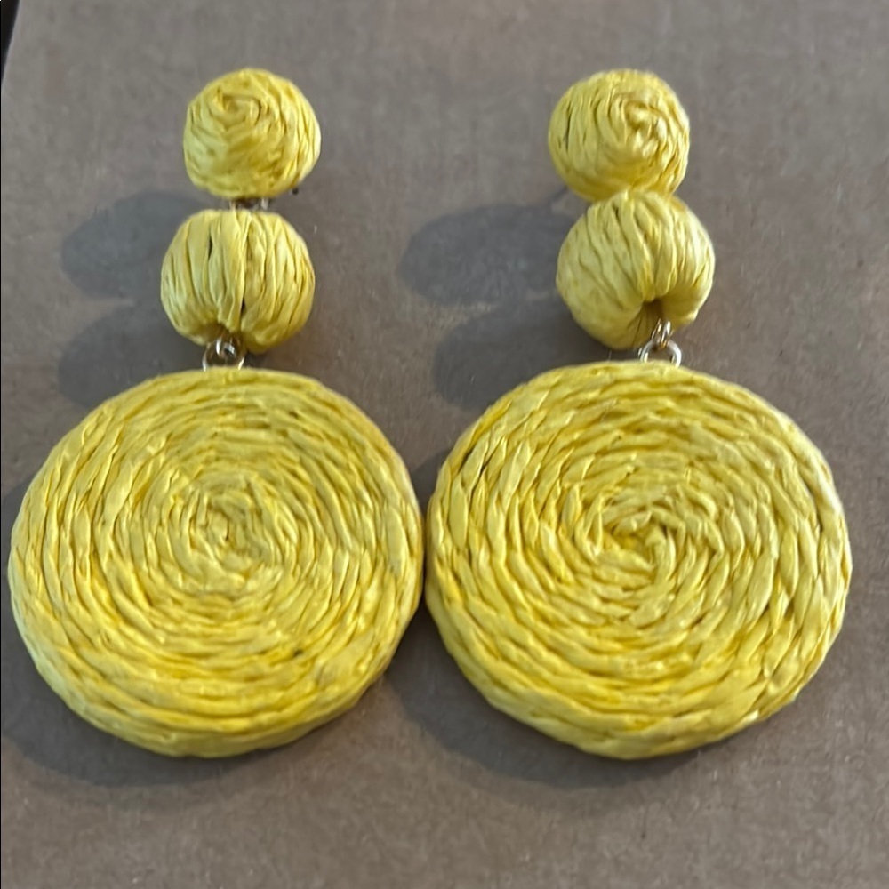 Yellow Textured Earrings Statement Dangle Rafia